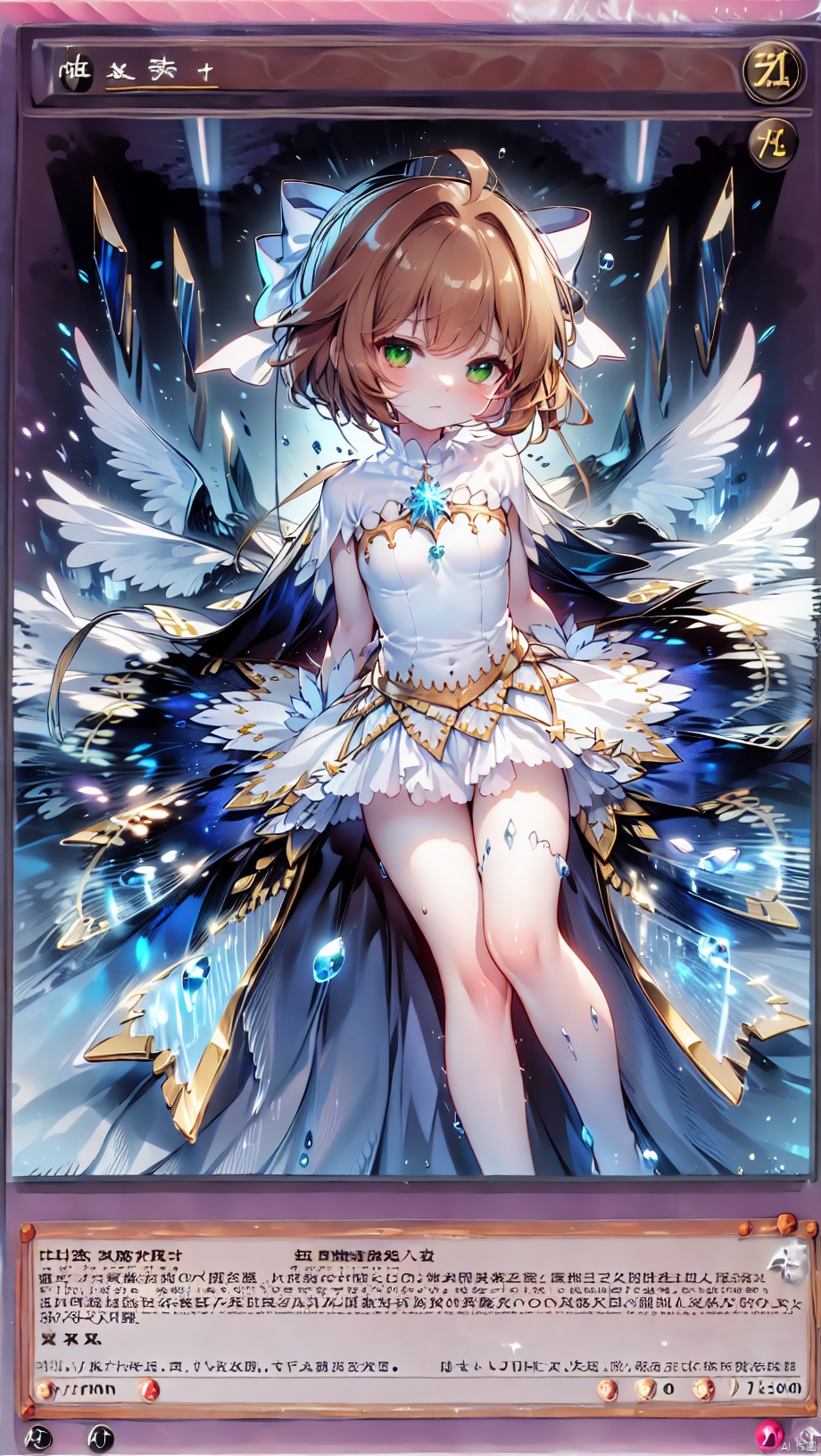  card background,kinomoto sakura,magical girl,loli,beautiful detailed girl,narrow waist,very small breasts,Glowing skin,Delicate cute face,glowing wings,transparent wings,nude,torn clothes,broken clothes,transparent clothes,green eyes,beautiful detailed eyes,glowing eyes,(half-closed eyes),((brown hair)),((short hair,wing hair)),red hair bow,ahoge,Glowing hair,Extremely delicate hair,Thin leg,white legwear garter,beautiful detailed fingers,Slender fingers,steepled fingers,Shiny nails,(lying,on bed,spread leg,separated legs),(lying,spread leg,separated legs),tearful(expression),teardrop on the face,Tears on the chin,open mouth,wavy mouth,mouth drool,screaming,heavy breathing,beautiful detailed mouth,looking at viewer,semen in the mouth,semen on the hair,semen on the face,too many semen on the breasts,too many semen dripping from the body,blood on between legs,semen(ornament),bedroom,ornate bed,hyper realistic,magic,8k,incredible quality,best quality,masterpiece,highly detailed,extremely detailed CG,cinematic lighting,backlighting,full body,high definition,detail enhancement,(perfect hands, perfect anatomy),detail enhancement