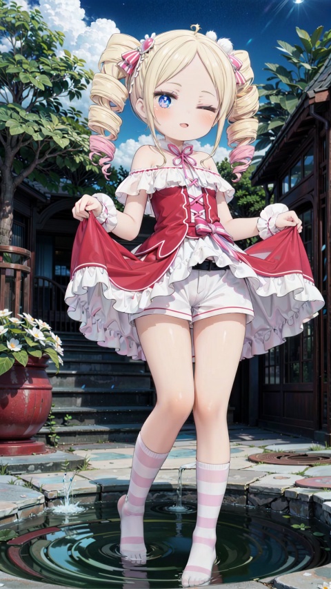  beatrice (re:zero),female child,Little girl（1.5）,aged down,beautiful detailed girl,narrow waist,small breasts,Glowing skin,Delicate cute face,off_shoulder,pink princess pajamas,(pink striped_legwear),white shorts under skirt,symbol-shaped_pupils,beautiful detailed eyes,((one eye closed)),((blonde hair)),(drill hair),parted bangs,forehead,Extremely delicate hair,bare legs,Thin leg,bare arms,Slender fingers,steepled fingers,pink nails,mischievous smile(expression),standing,finger to eye,open mouth,tongue out,beautiful detailed lips,heart(ornament),garden, fountain,hyper realistic,magic,8k,incredible quality,best quality,masterpiece,highly detailed,extremely detailed CG,cinematic lighting