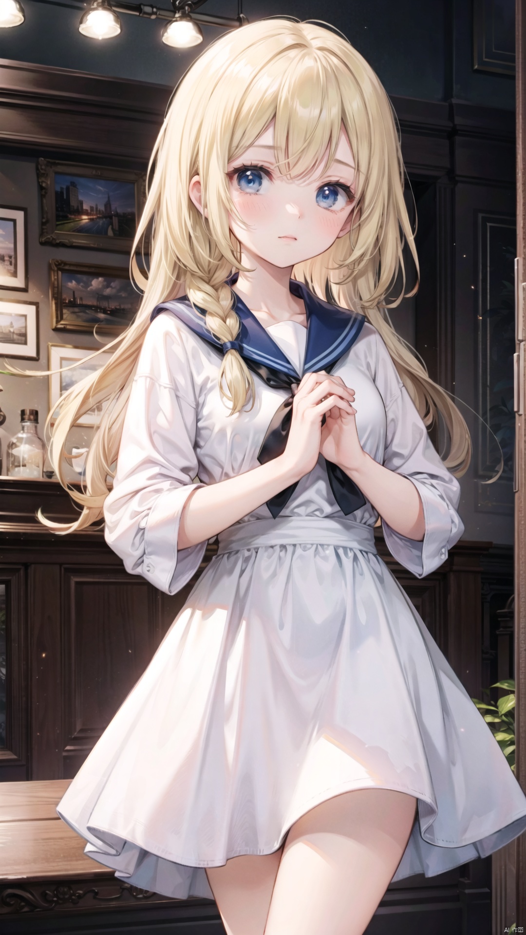  ai hayasaka,loli,beautiful detailed girl,narrow waist,small breasts,Delicate cute face,nose blush,blush,sailor dress,sky blue collar,white dress,fine fabric emphasis,ornate clothes,(blue eyes),beautiful detailed eyes,glowing eyes,((blonde hair)),((side braid)),hair over shoulder,glowing hair,Extremely delicate longhair,Thin leg,Slender fingers,steepled fingers,pink nails,hands on chest,own hands together,praying,tearful(expression),teardrop on the face,Tears on the chin,wavy mouth,beautiful detailed mouth,looking at viewer,red heart(ornament),park,flowering shrubs,hyper realistic,magic,8k,incredible quality,best quality,masterpiece,highly detailed,extremely detailed CG,cinematic lighting,full body,high defin,(perfect hands, perfect anatomy)