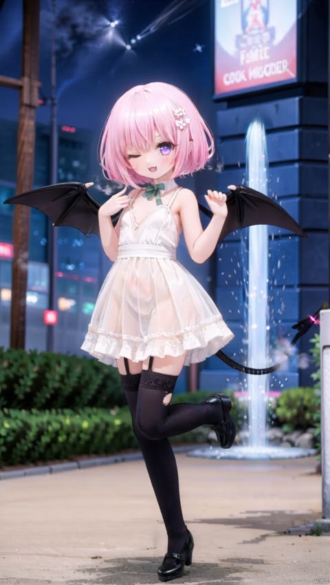  (4349,4349,4349:1),Momo,zettai_ryouiki,Little girl(1.4),beautiful detailed girl,narrow waist,small breasts,Glowing skin,steaming body,Delicate cute face,demon tail,long tail,pink dress,fine fabric emphasis,ornate clothes,torn clothes,glowing wings,transparent wings,purple eyes,beautiful detailed eyes,Glowing eyes,(one eye closed),((pink hair)),((short hair,hair ribbon)),glowing long hair,Extremely delicate longhair,Thin leg,white legwear garter,beautiful detailed fingers,Slender fingers,steepled fingers,Shiny nails,(standing on one leg,hands up,art shift,hands next face,v arms,v),mischievous smile(expression),open mouth,tongue out,fangs out,beautiful detailed mouth,looking at viewer,bow(ornament),garden, fountain,hyper realistic,magic,8k,incredible quality,best quality,masterpiece,highly detailed,extremely detailed CG,cinematic lighting,backlighting,full body,high definition,detail enhancement,(perfect hands, perfect anatomy),detail enhancement