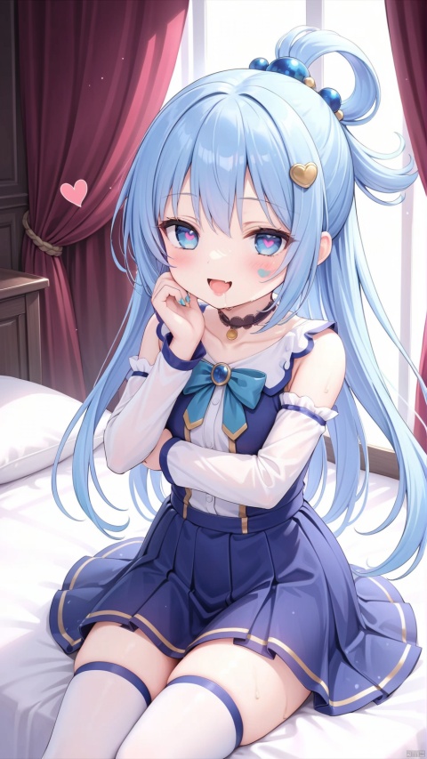 aqua (konosuba), aqua,1girl,petite child(1.5),aged down,extremely delicate and beautiful girls,(exquisitely detailed skin),narrow waist,Delicate cute face,blush sticker,blush,choker,princess dress,((blue skirt,ornate clothes)),glowing clothes,fine fabric emphasis,Blue eyes,beautiful detailed eyes,Glowing eyes,((half-closed eyes,heart shaped pupils)),((blue hair)),((high ponytail, hair rings,hair ornament)),very long hair,Extremely delicate hair,Thin leg,white thighhighs,Fine fingers,steepled nail,(beautiful detailed hands),((art shift,hand on own cheek)),smug(expression),smile,open mouth,tongue out,licking lips,drooling,fangs out,big fangs,puffy cheeks,beautiful detailed mouth,looking at viewer,semen in the mouth,semen on the hair,semen on the face,too many semen dripping from the body,blood on between legs,wet and messy,sweat,semen(ornament),bedroom,ornate bed,hyper realistic,magic,4k,incredible quality,best quality,masterpiece,highly detailed,extremely detailed CG,cinematic lighting,light particle,backlighting,full body,high definition,detail enhancement,(perfect hands, perfect anatomy),8k_wallpaper,extreme details,colorful