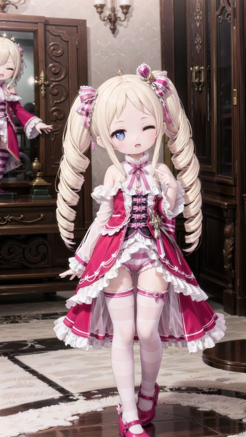  beatrice (re:zero),female child,Little girl（1.5）,aged down,beautiful detailed girl,narrow waist,small breasts,Glowing skin,Delicate cute face,off_shoulder,pink princess pajamas,(pink striped_legwear),white shorts under skirt,symbol-shaped_pupils,beautiful detailed eyes,((one eye closed)),((blonde hair)),(drill hair),parted bangs,forehead,Extremely delicate hair,bare legs,Thin leg,bare arms,Slender fingers,steepled fingers,pink nails,mischievous smile(expression),standing,finger to eye,open mouth,tongue out,beautiful detailed lips,heart(ornament),garden, fountain,hyper realistic,magic,8k,incredible quality,best quality,masterpiece,highly detailed,extremely detailed CG,cinematic lighting