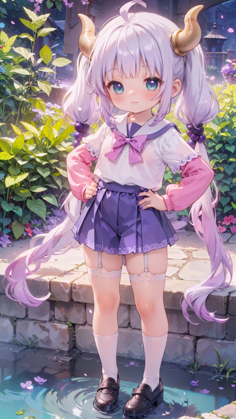 KannaKamui,Little girl(1.5),aged down,beautiful detailed girl,narrow waist,small breasts,Glowing skin,Delicate cute face,School uniform,dragon horns,dragon tail,red randoseru,cutoffs,fine fabric emphasis,ornate clothes,green eyes,beautiful detailed eyes,Glowing eyes,((half-closed eyes)),((silver purple gradient hair)),((twintails,hair beads)),long hair,glowing long hair,Extremely delicate longhair,ahoge,Thin leg,white legwear garter,Slender fingers,steepled fingers,Shiny nails,mischievous smile(expression),standing,hands on hips,looking down at viewer,:3,puffy cheeks,Raising the corners of the mouth,beautiful detailed mouth,heart(ornament),garden,fountain,hyper realistic,magic,8k,incredible quality,best quality,masterpiece,highly detailed,extremely detailed CG,cinematic lighting,backlighting,full body,high definition,detail enhancement,(perfect hands, perfect anatomy),detail enhancement