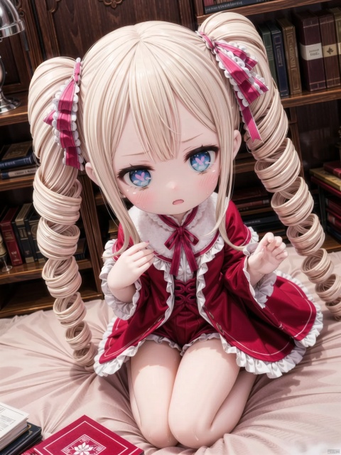 from above,beatrice (re:zero),female child,Little girl（1.5）,aged down,beautiful detailed girl,narrow waist,small breasts,Glowing skin,steaming body,Delicate cute face,pink princess dress,pink striped_legwear,white shorts under skirt,symbol-shaped_pupils,beautiful detailed eyes,((narrowed eyes)),((blonde hair)),(drill hair),forehead,Extremely delicate hair,bare legs,Thin leg,bare arms,Slender fingers,steepled fingers,pink nails, tearful(expression),(kneeling),teardrop on the face,Tears on the chin,puffy cheeks,wavy mouth,beautiful detailed lips,sweat dripping from the body,wet and messy,sweat,open books(ornament),bedroom, ornate bed,There are bloodstains on the bed,hyper realistic,magic,8k,incredible quality,best quality,masterpiece,highly detailed,extremely detailed CG,cinematic lighting