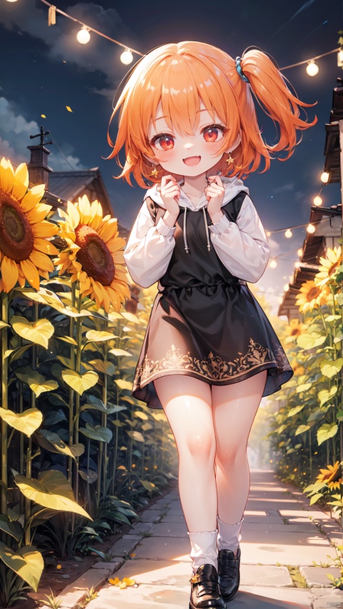 4349,4349,4349:1,hoshino hinata,Little girl(1.4),aged down,beautiful detailed girl,narrow waist,small breasts,Glowing skin,Delicate cute face,hoodie,short dress,fine fabric emphasis,ornate clothes,red eyes,beautiful detailed eyes,Glowing eyes,((half-closed eyes)),((orange hair)),((side ponytail,hair rings)),short hair,glowing hair,Extremely delicate hair,Thin leg,bobby socks,Slender fingers,steepled fingers,Shiny nails,mischievous smile(expression),hands on own face,:d,open mouth,tongue out,fangs out,long fang,beautiful detailed mouth,sunflower print(ornament),garden,fountain,hyper realistic,magic,8k,incredible quality,best quality,masterpiece,highly detailed,extremely detailed CG,cinematic lighting,backlighting,full body,high definition,detail enhancement,(perfect hands, perfect anatomy)