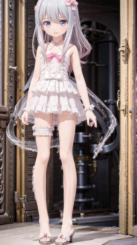  izumi sagiri,little girl(1.4),aged down,beautiful detailed girl,narrow waist,small breasts,pink areolae,Delicate cute face,nose blush,blush,bridal veil,wedding dress,bridal gauntlets,fine fabric emphasis,ornate clothes,glowing clothes,aqua eyes,beautiful detailed eyes,half-closed eyes,((Silver gradient hair)),((hair slicked back)),glowing long hair,Extremely delicate longhair,Thin leg,white legwear garter,Slender fingers,steepled fingers,pink nails,tearful(expression),teardrop on the face,Tears on the chin,wavy mouth,beautiful detailed mouth,standing,looking at viewer,pink hair bow(ornament),church,wedding,hyper realistic,magic,8k,incredible quality,best quality,masterpiece,highly detailed,extremely detailed CG,cinematic lighting,full body,high defin