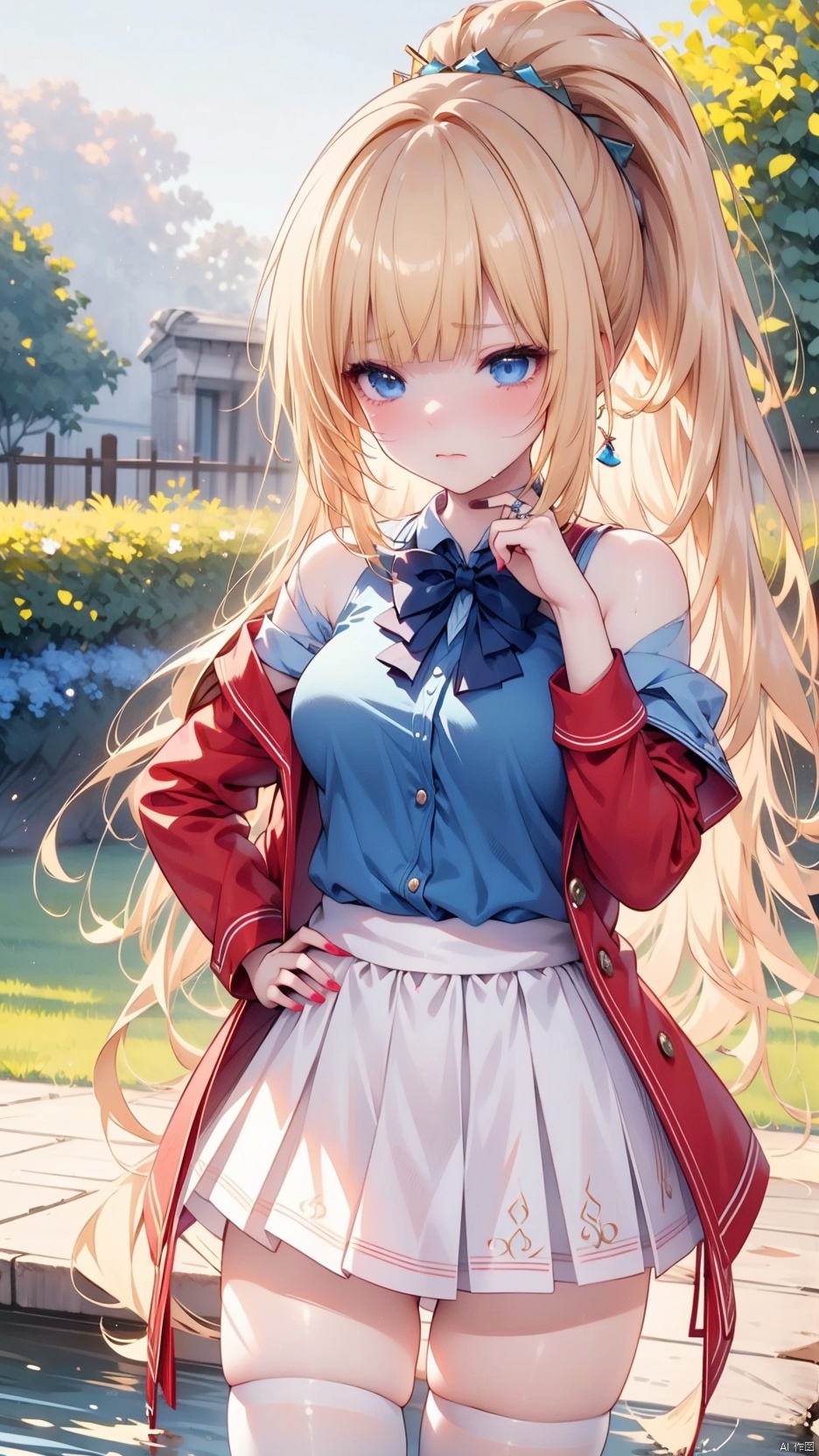  kei karuizawa,loli,beautiful detailed girl,red school uniform jacket,open jacket,blue shirt,white skirt,fine fabric emphasis,ornate clothes,sabotaged clothes,torn clothes,broken clothes,torn shirt,off shoulder,narrow waist,beautiful breasts,Glowing skin,Delicate cute face,blue eyes eyes,beautiful detailed eyes,glowing eyes,((blonde hair)),((long hair,high ponytail,hair rings)),Glowing hair,Extremely delicate hair,Thin leg,white thighhighs,((beautiful detailed hands)),Slender fingers,pink nails,(standing,hands on hips),tearful(expression),teardrop on the face,Tears on the chin,wavy mouth,mouth drool,bow(ornament),garden, fountain,hyper realistic,magic,8k,incredible quality,best quality,masterpiece,highly detailed,extremely detailed CG,cinematic lighting,backlighting,full body,high definition,detail enhancement,(perfect hands, perfect anatomy),detail enhancement