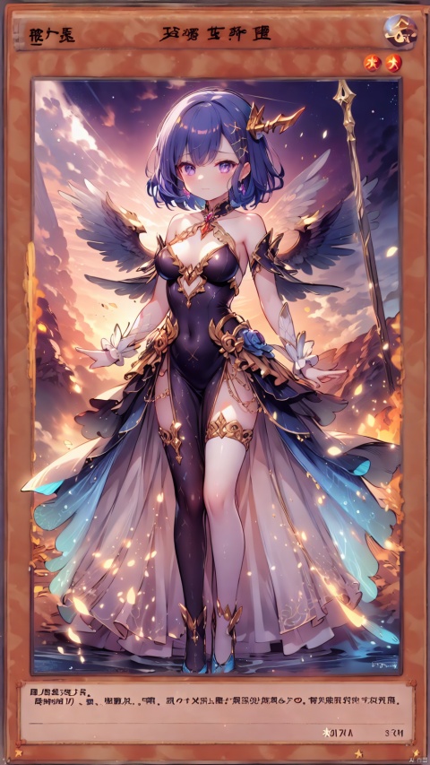 Card background,vignette tsukinose april,demon girl,1girl,solo,beautiful detailed girl,Glowing Halo on head,demon wings,demon tail,demon costume,fine fabric emphasis,ornate clothes,Glowing clothes,narrow waist,very small breasts,Glowing skin,Delicate cute face,Purple eyes,beautiful detailed eyes,half-closed eyes,((Purple blue hair)),((short hair,x hair ornament)),Glowing hair,Extremely delicate hair,Thin leg,white thighhighs,((beautiful detailed hands)),Slender fingers,pink nails,(standing,hold Poseidon Trident,licking hand), naughty_face(expression),:3,Glowing feather(ornament),church,Marble Pillar,hyper realistic,magic,8k,incredible quality,best quality,masterpiece,highly detailed,extremely detailed CG,cinematic lighting,backlighting,full body,high definition,detail enhancement,(perfect hands, perfect anatomy),detail enhancement,
