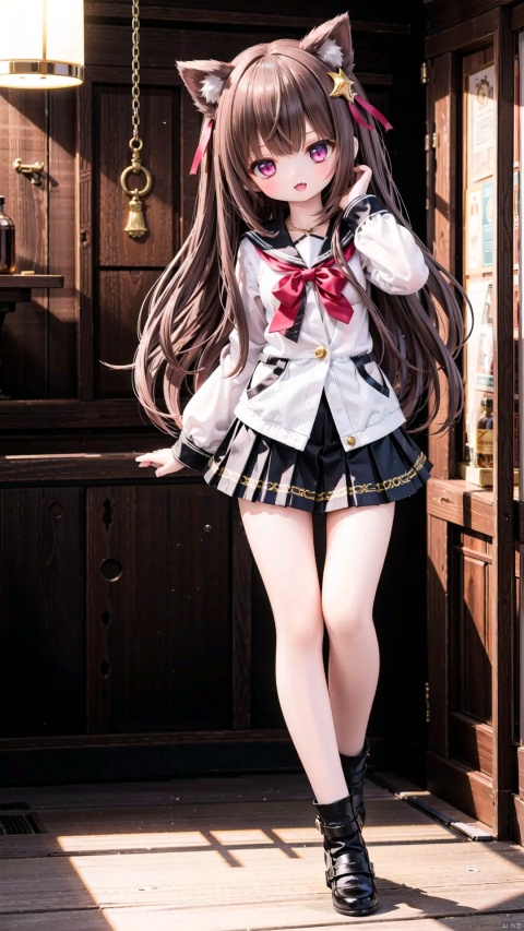 Human Girls,mature female,beautiful detailed girl,narrow waist,small breasts,Glowing skin,hood,cat hood,hood up,ruby star Earrings,Delicate cute face,chuuou academy school uniform,cutoffs,fine fabric emphasis,ornate clothes,amber eyes,beautiful detailed eyes,Glowing eyes,((half-closed eyes)),((brown hair)),((bunches,long hair)),glowing long hair,Extremely delicate longhair,gold star Necklace,Thin leg,loose socks,Slender fingers,steepled fingers,Shiny nails,smug(expression),hand up,fighting stance,:3,open mouth,tongue out,fangs out,long fang,beautiful detailed mouth,crescent moon(ornament),maze, Gold coin pile,hyper realistic,magic,8k,incredible quality,best quality,masterpiece,highly detailed,extremely detailed CG,cinematic lighting,full body,lots of gold coins falling,high definition,detail enhancement, sailor senshi uniform