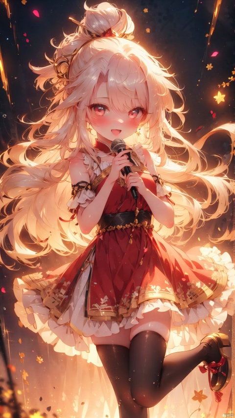 chloe von einzbern,dark skinned female,idol,1girl,petite child(1.5),aged down,chibi,Black skin,extremely delicate and beautiful girls,narrow waist,((very small breasts)),Delicate cute face,blush sticker,blush,princess dress,red dress,ornate clothes,fine fabric emphasis,blonde eyes,beautiful detailed eyes,Glowing eyes,((wince)),((Silver hair)),((topknot,hair rings)),hair over shoulder,Glowing hair,Extremely delicate hair,Thin leg,striped_legwear,Slender fingers,steepled fingers,(beautiful detailed hands),standing,((holding microphone,kirara jump)),mischievous smile(expression),looking down at viewer,:p,open mouth,puffy cheeks,Raising the corners of the mouth,beautiful detailed mouth,looking down at viewer,star(ornament),stage,stage lights,lasers,shiny rod,hyper realistic,magic,8k,incredible quality,best quality,masterpiece,highly detailed,extremely detailed CG,cinematic lighting,backlighting,full body,high definition,detail enhancement,(perfect hands, perfect anatomy),8k_wallpaper,extreme details,colorful,