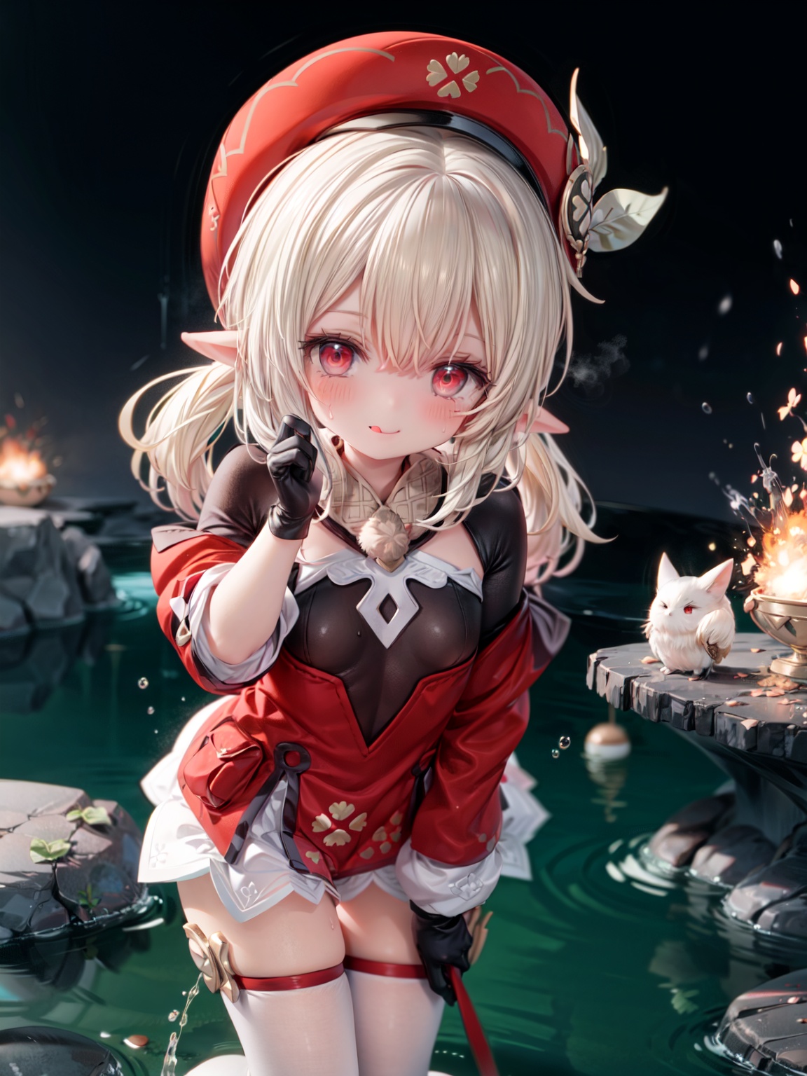 klee (genshin impact),ornate clothes, gloves, hat, low twintails, blonde hair, small breasts, pointy ears,leaning over,Throwing bombs, looking at viewer, Red randoseru,blush, ((red eyes)), Glowing eyes, White semen on the face, White semen dripping from the body, delicate and lovely face, mischievous smile(expression),tongue out, thighhighs, Thin leg, wet and messy, sweat,explosion(background), hillside, clear sky, magic, best quality, masterpiece, extremely detailed CG, 8k_wallpaper