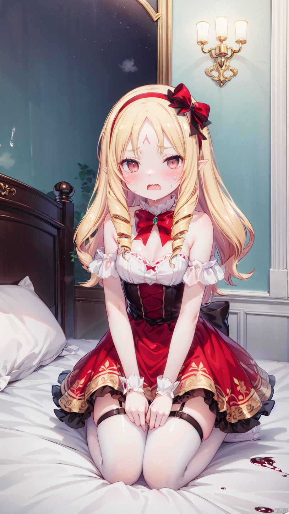 (4349,4349,4349:1), yamada elf,Little girl(1.4),aged down,beautiful detailed girl,narrow waist,very small breasts,Glowing skin,steaming body,Delicate cute face,pointy ears,pink dress,fine fabric emphasis,ornate clothes,torn clothes,**********,off_shoulder,brown eyes,beautiful detailed eyes,Glowing eyes,((half-closed eyes)),((blonde hair)),((drill hair,red bow hairband)),parted bangs,forehead,long hair,glowing long hair,Extremely delicate longhair,Thin leg,white legwear garter,beautiful detailed fingers,Slender fingers,steepled fingers,Shiny nails,(kneeling on bed,wariza),tearful(expression),teardrop on the face,Tears on the chin,open mouth,wavy mouth,mouth drool,screaming,heavy breathing,beautiful detailed mouth,looking at viewer,semen in the mouth,semen on the hair,semen on the face,too many semen on the breasts,too many semen dripping from the body,blood on between legs,semen(ornament),bedroom,ornate bed,hyper realistic,magic,8k,incredible quality,best quality,masterpiece,highly detailed,extremely detailed CG,cinematic lighting,backlighting,full body,high definition,detail enhancement,(perfect hands, perfect anatomy),detail enhancement,