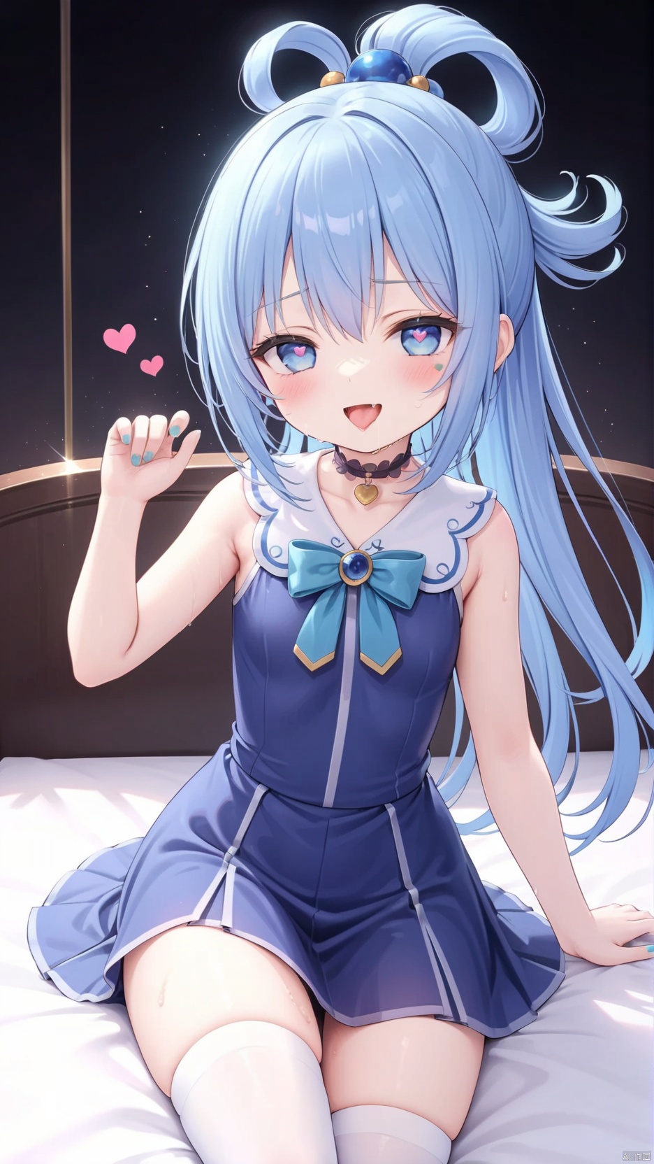  aqua (konosuba), aqua,1girl,petite child(1.5),aged down,extremely delicate and beautiful girls,(exquisitely detailed skin),narrow waist,Delicate cute face,blush sticker,blush,choker,princess dress,((blue skirt,ornate clothes)),glowing clothes,fine fabric emphasis,Blue eyes,beautiful detailed eyes,Glowing eyes,((half-closed eyes,heart shaped pupils)),((blue hair)),((high ponytail, hair rings,hair ornament)),very long hair,Extremely delicate hair,Thin leg,white thighhighs,Fine fingers,steepled nail,(beautiful detailed hands),((art shift,clothing aside)),smug(expression),smile,open mouth,tongue out,licking lips,drooling,fangs out,big fangs,puffy cheeks,beautiful detailed mouth,looking at viewer,semen in the mouth,semen on the hair,semen on the face,too many semen dripping from the body,blood on between legs,wet and messy,sweat,semen(ornament),bedroom,ornate bed,hyper realistic,magic,4k,incredible quality,best quality,masterpiece,highly detailed,extremely detailed CG,cinematic lighting,light particle,backlighting,full body,high definition,detail enhancement,(perfect hands, perfect anatomy),8k_wallpaper,extreme details,colorful