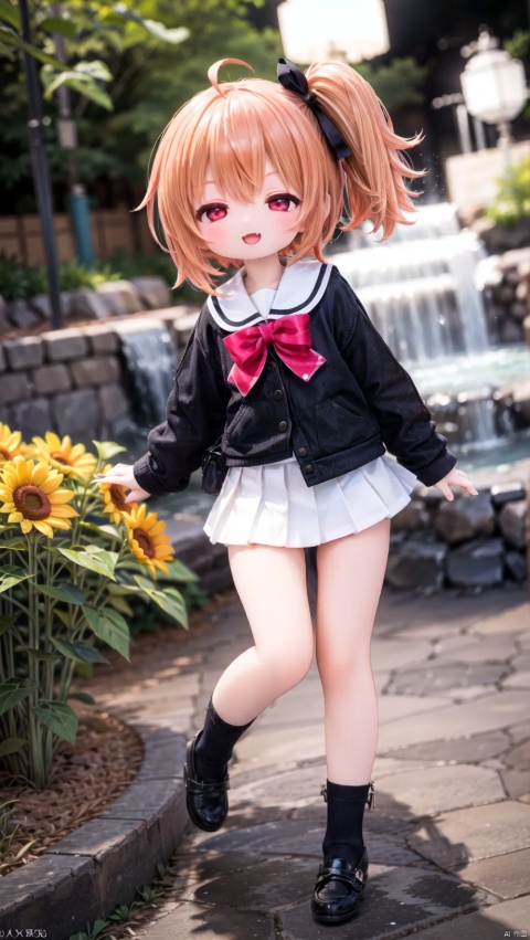 hoshino hinata,Little girl（0.6）,beautiful detailed girl,narrow waist,small breasts,Glowing skin,Delicate cute face,School uniform,cutoffs,fine fabric emphasis,ornate clothes,red eyes,beautiful detailed eyes,Glowing eyes,((half-closed eyes)),((orange hair)),((side ponytail,hair rings)),short hair,glowing long hair,Extremely delicate hair,ahoge,Thin leg,loose socks,Slender fingers,steepled fingers,Shiny nails,mischievous smile(expression),standing,:d,open mouth,tongue out,fangs out,long fang,beautiful detailed mouth,sunflower print(ornament),garden,fountain,hyper realistic,magic,8k,incredible quality,best quality,masterpiece,highly detailed,extremely detailed CG,cinematic lighting,backlighting,full body,high definition,detail enhancement,(perfect hands, perfect anatomy)