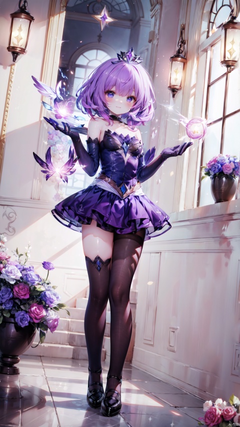  lux (league of legends),1girl,petite child(1.5),aged down,extremely delicate and beautiful girls,narrow waist,((very small breasts)),Glowing skin,Delicate cute face,blush sticker,blush,(crystal crown),choker,purple dress,gloves,elbow gloves,bare shoulders,ornate clothes,fine fabric emphasis,blue eyes,beautiful detailed eyes,Glowing eyes,((red mole under eye)),((purple hair)),((short hair)),Glowing hair,Extremely delicate hair,Thin leg,bare legs,Slender fingers,steepled fingers,(beautiful detailed hands),((standing,art shift,spell)),mischievous smile(expression),looking down at viewer,:3,puffy cheeks,Raising the corners of the mouth,beautiful detailed mouth,looking down at viewer,star(ornament),garden,fountain,hyper realistic,magic,8k,incredible quality,best quality,masterpiece,highly detailed,extremely detailed CG,cinematic lighting,backlighting,full body,high definition,detail enhancement,(perfect hands, perfect anatomy),8k_wallpaper,extreme details,colorful, 