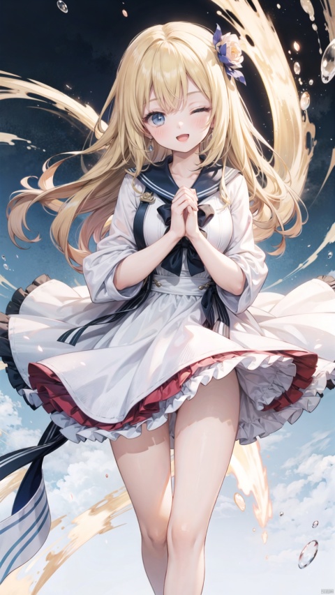  ai hayasaka,loli,beautiful detailed girl,narrow waist,small breasts,Delicate cute face,nose blush,blush,sailor dress,sky blue collar,white dress,fine fabric emphasis,ornate clothes,(blue eyes),beautiful detailed eyes,glowing eyes,one eye closed,((blonde hair)),((side braid)),hair over shoulder,glowing hair,Extremely delicate longhair,Thin leg,Slender fingers,steepled fingers,pink nails,hands on chest,own hands together,praying,mischievous smile(expression),open mouth,tongue out,:p,beautiful detailed mouth,looking at viewer,pink bow(ornament),beautiful detailed mouth,looking at viewer,red heart(ornament),park,flowering shrubs,hyper realistic,magic,8k,incredible quality,best quality,masterpiece,highly detailed,extremely detailed CG,cinematic lighting,full body,high defin,(perfect hands, perfect anatomy)