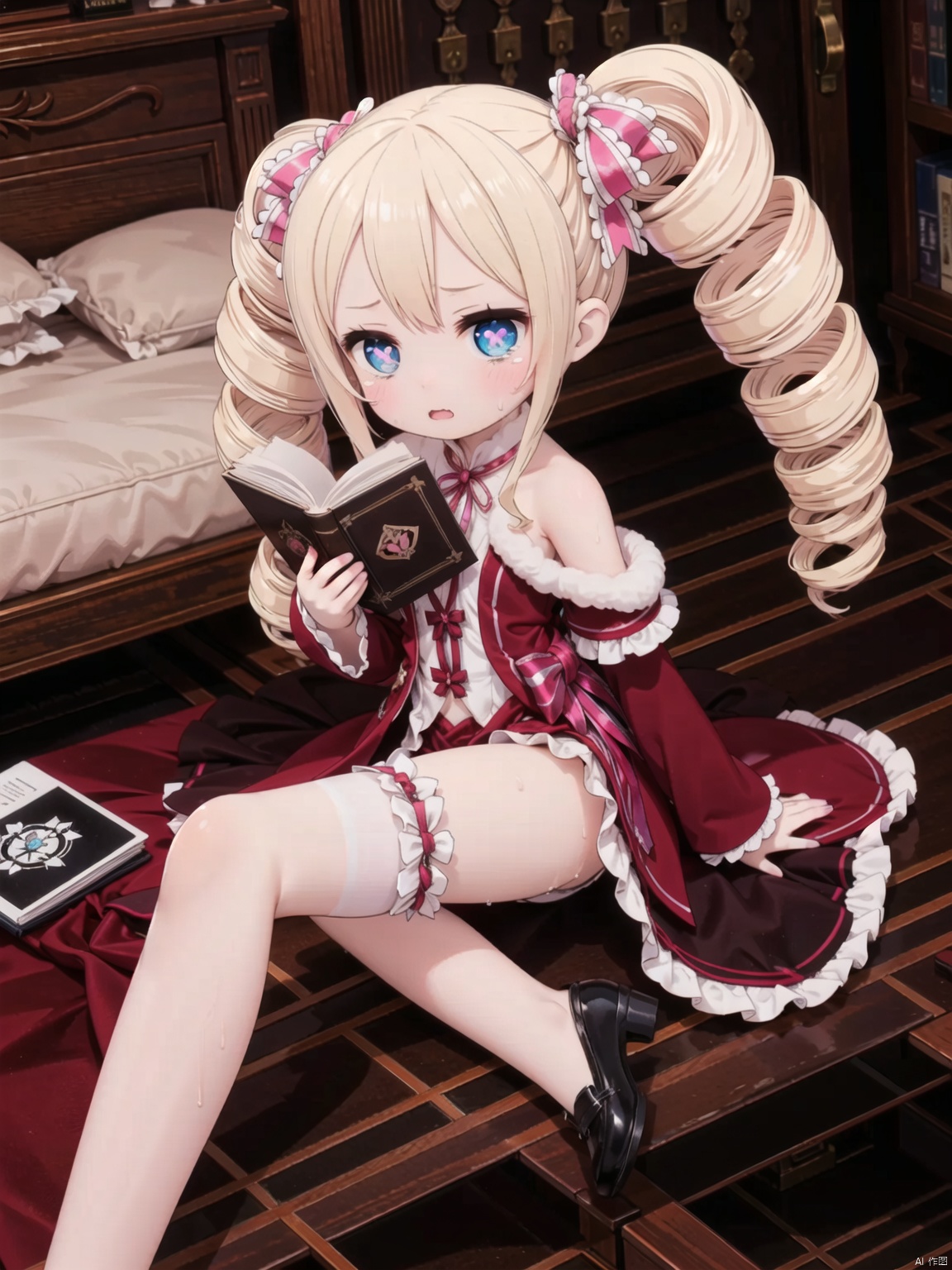 from above,beatrice (re:zero),female child,Little girl（1.5）,aged down,beautiful detailed girl,narrow waist,small breasts,Glowing skin,steaming body,Delicate cute face,off_shoulder,pink princess pajamas,pink striped_legwear,white shorts under skirt,symbol-shaped_pupils,beautiful detailed eyes,((narrowed eyes)),((blonde hair)),(drill hair),parted bangs,forehead,Extremely delicate hair,bare legs,Thin leg,bare arms,Slender fingers,steepled fingers,pink nails, tearful(expression),(on side at bed,blush sticker,blush),teardrop on the face,Tears on the chin,puffy cheeks,wavy mouth,beautiful detailed lips,sweat dripping from the body,wet and messy,sweat,open books(ornament),bedroom, ornate bed,There are bloodstains on the bed,hyper realistic,magic,8k,incredible quality,best quality,masterpiece,highly detailed,extremely detailed CG,cinematic lighting, twintails