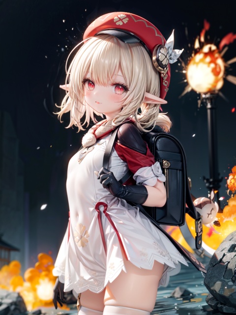 klee (genshin impact),ornate clothes, gloves, hat, low twintails, blonde hair, small breasts, pointy ears,Throwing bombs at viewer, Red Elementary school backpack,blush, ((red eyes)), Glowing eyes, delicate and lovely face, mischievous smile(expression),tongue out, thighhighs, Thin leg,explosion(background), explosion, night, best quality, masterpiece, extremely detailed CG, 8k_wallpaper,cinemagraph