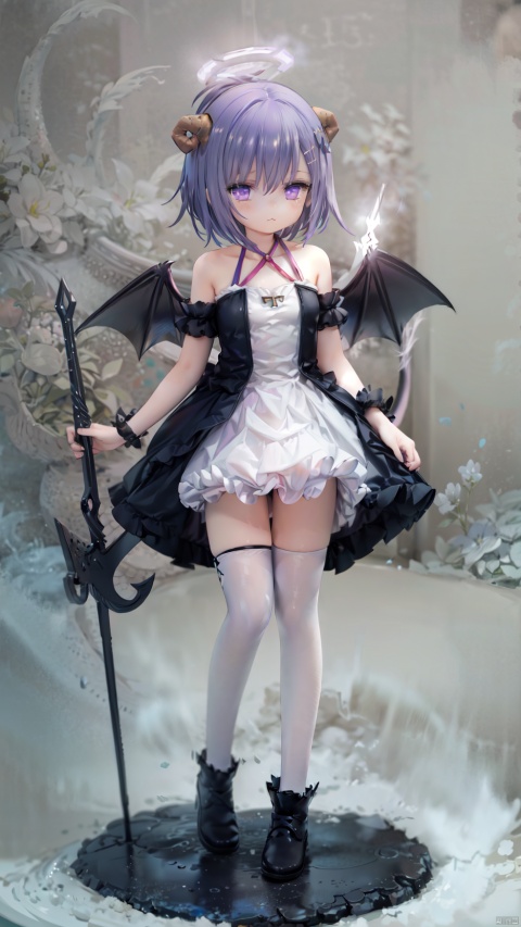  vignette tsukinose april,demon girl,1girl,solo,beautiful detailed girl,Glowing Halo on head,demon wings,demon tail,demon costume,fine fabric emphasis,ornate clothes,Glowing clothes,narrow waist,very small breasts,Glowing skin,Delicate cute face,Purple eyes,beautiful detailed eyes,half-closed eyes,((Purple blue hair)),((short hair,x hair ornament)),Glowing hair,Extremely delicate hair,Thin leg,white thighhighs,((beautiful detailed hands)),Slender fingers,pink nails,(standing,hold Poseidon Trident,licking hand), naughty_face(expression),:3,Glowing feather(ornament),church,Marble Pillar,hyper realistic,magic,8k,incredible quality,best quality,masterpiece,highly detailed,extremely detailed CG,cinematic lighting,backlighting,full body,high definition,detail enhancement,(perfect hands, perfect anatomy),detail enhancement,
