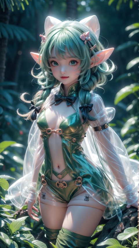  high elf archer (goblin slayer!),1girl,petite child(1.6),aged down,chibi,extremely delicate and beautiful girls,((very small breasts)),narrow waist,Glowing skin,Delicate cute face,blush sticker,blush,cloak,brown cape,green bodysuit,((white bra)),black gloves,short shorts,brown shorts,fine fabric emphasis,ornate clothes,green eyes,beautiful detailed eyes,Glowing eyes,((star in eye)),((green hair)),((sidelocks,hair bow)),Short hair,Extremely delicate hair,Thin leg,thighhighs,thigh boots,Slender fingers,steepled fingers,(beautiful detailed hands),((holding Short Bow,sleeve bow)),mischievous smile(expression),looking at viewer,open mouth,beautiful detailed mouth,fangs out,long fangs,black bow(ornament),forest,vines,hyper realistic,magic,4k,incredible quality,best quality,masterpiece,highly detailed,extremely detailed CG,cinematic lighting,light particle,backlighting,full body,high definition,detail enhancement,(perfect hands, perfect anatomy),8k_wallpaper,extreme details,colorful, pointy ears, pop style,e