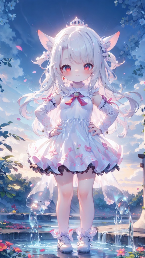 card background,from below,prisma illya,illyasviel von einzbern (beast style),magical girl,1girl,petite child(1.5),aged down,chibi,extremely delicate and beautiful girls,narrow waist,((very small breasts)),Delicate cute face,blush sticker,blush,princess crown,ornate crown,princess dress,pink dress,ornate clothes,fine fabric emphasis,red eyes,beautiful detailed eyes,Glowing eyes,((half-closed eyes,tsurime)),((Silver hair)),((hair spread out,ribbon hair)),long hair,Glowing hair,Extremely delicate hair,Thin leg,striped_legwear,Slender fingers,steepled fingers,(beautiful detailed hands),((standing,hands on hips)),mischievous smile(expression),looking down at viewer,:3,puffy cheeks,Raising the corners of the mouth,beautiful detailed mouth,looking down at viewer,star(ornament),garden,fountain,hyper realistic,magic,8k,incredible quality,best quality,masterpiece,highly detailed,extremely detailed CG,cinematic lighting,backlighting,full body,high definition,detail enhancement,(perfect hands, perfect anatomy),8k_wallpaper,extreme details,colorful