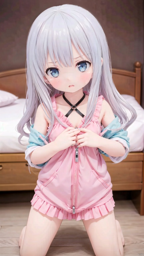  izumi sagiri,little girl(1.4),aged down,beautiful detailed girl,narrow waist,small breasts,Delicate cute face,nose blush,blush,green hoodie,unzipped hoodie,Wearing a pink dress under the hoodie,fine fabric emphasis,ornate clothes,undressing,aqua eyes,beautiful detailed eyes,half-closed eyes,((Silver gradient hair)),((hair slicked back)),glowing long hair,Extremely delicate longhair,Thin leg,white legwear garter,Slender fingers,steepled fingers,pink nails,tearful(expression),teardrop on the face,Tears on the chin,wavy mouth,beautiful detailed mouth,kneeling,wariza,looking at viewer,pink hair bow(ornament),bedroom,bed,hyper realistic,magic,8k,incredible quality,best quality,masterpiece,highly detailed,extremely detailed CG,cinematic lighting,full body,high defin