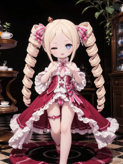  beatrice (re:zero),female child,Little girl（1.5）,aged down,beautiful detailed girl,narrow waist,small breasts,Glowing skin,steaming body,Delicate cute face,off_shoulder,pink princess pajamas,pink striped_legwear,white shorts under skirt,symbol-shaped_pupils,beautiful detailed eyes,((one eye closed)),((blonde hair)),(drill hair),parted bangs,forehead,Extremely delicate hair,bare legs,Thin leg,bare arms,Slender fingers,steepled fingers,pink nails,mischievous smile(expression),finger to eye,open mouth,tongue out,beautiful detailed lips,heart(ornament),garden, fountain,hyper realistic,magic,8k,incredible quality,best quality,masterpiece,highly detailed,extremely detailed CG,cinematic lighting