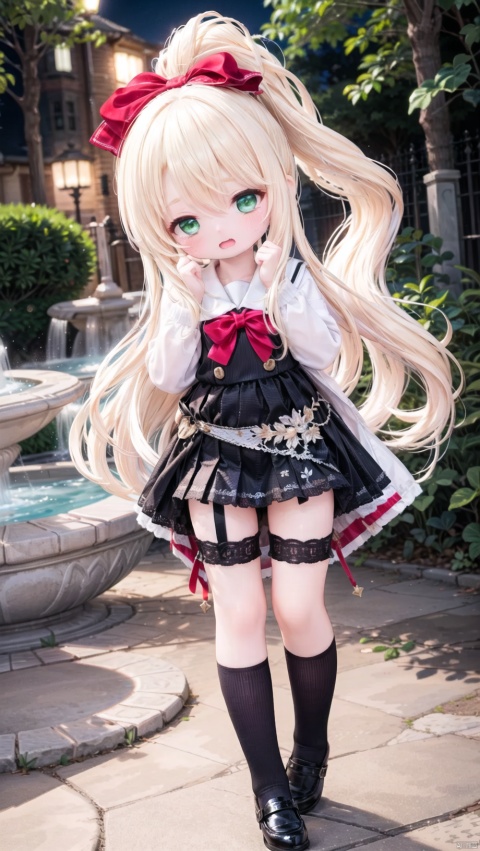 4349,4349,4349:1,himenoa,Little girl(1.4),aged down,beautiful detailed girl,narrow waist,small breasts,Glowing skin,Delicate cute face,School uniform,cutoffs,fine fabric emphasis,ornate clothes,green eyes,beautiful detailed eyes,Glowing eyes,((half-closed eyes)),((blonde hair)),((high ponytail,hair bow)),long hair,glowing long hair,Extremely delicate longhair,ahoge,Thin leg,white legwear garter,white socks,Slender fingers,steepled fingers,Shiny nails,tearful(expression),hands on own face,teardrop on the face,Tears on the chin,wavy mouth,open mouth,beautiful detailed mouth,red bow(ornament),garden,fountain,hyper realistic,magic,8k,incredible quality,best quality,masterpiece,highly detailed,extremely detailed CG,cinematic lighting,backlighting,full body,high definition,detail enhancement,(perfect hands, perfect anatomy),detail enhancement