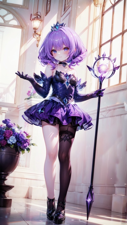  lux (league of legends),1girl,petite child(1.5),aged down,extremely delicate and beautiful girls,narrow waist,((very small breasts)),Glowing skin,Delicate cute face,blush sticker,blush,(crystal crown),choker,purple dress,gloves,elbow gloves,bare shoulders,ornate clothes,fine fabric emphasis,blue eyes,beautiful detailed eyes,Glowing eyes,((red mole under eye)),((purple hair)),((hair over shoulder,hair slicked back)),Glowing hair,Extremely delicate hair,Thin leg,bare legs,Slender fingers,steepled fingers,(beautiful detailed hands),((standing,art shift,spell)),mischievous smile(expression),looking down at viewer,:3,puffy cheeks,Raising the corners of the mouth,beautiful detailed mouth,looking down at viewer,star(ornament),garden,fountain,hyper realistic,magic,8k,incredible quality,best quality,masterpiece,highly detailed,extremely detailed CG,cinematic lighting,backlighting,full body,high definition,detail enhancement,(perfect hands, perfect anatomy),8k_wallpaper,extreme details,colorful