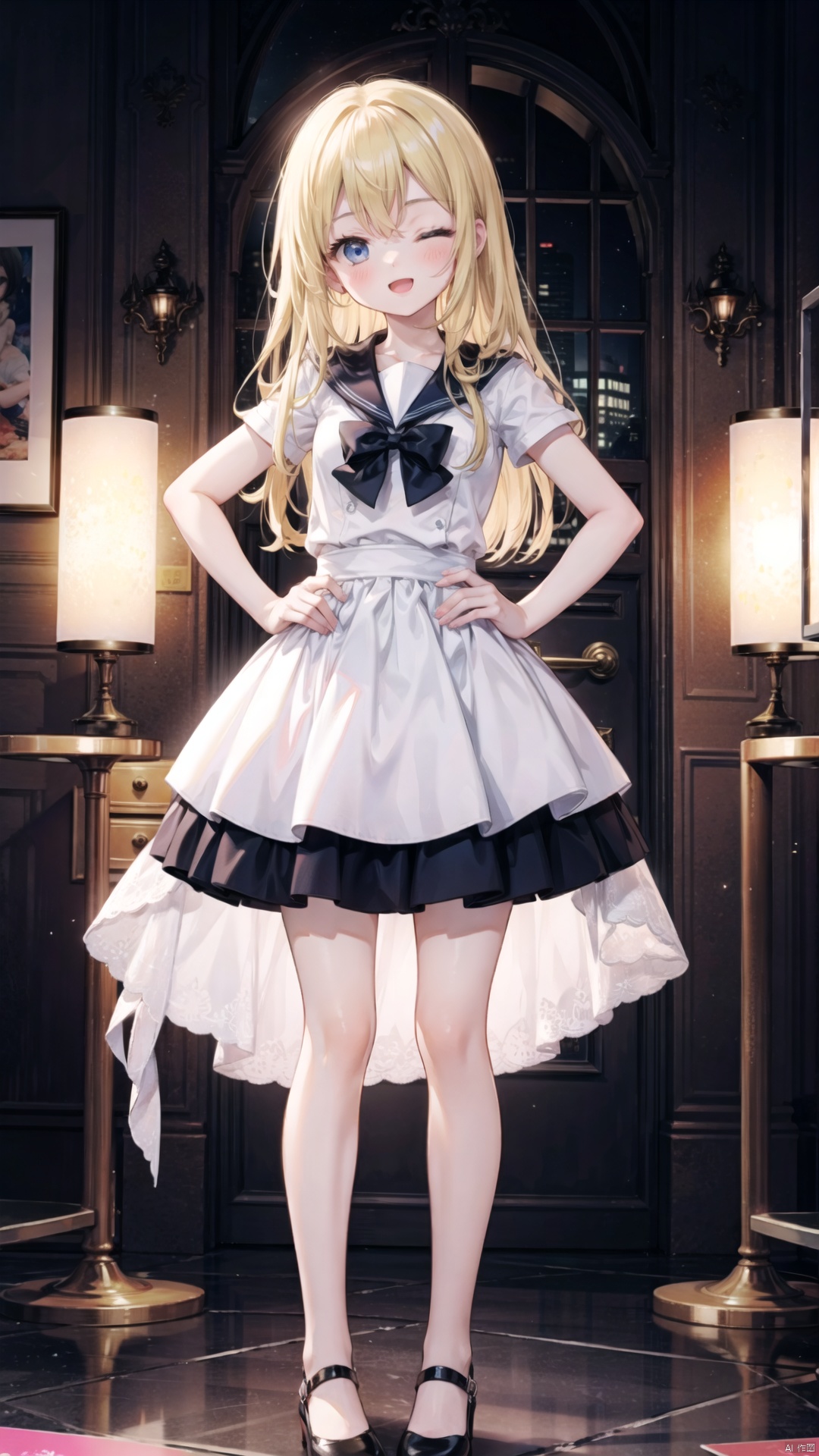  ai hayasaka,loli,beautiful detailed girl,narrow waist,small breasts,Delicate cute face,nose blush,blush,white school uniform,fashion clothes,white dress,fine fabric emphasis,ornate clothes,(blue eyes),beautiful detailed eyes,glowing eyes,one eye closed,((blonde hair)),((hair slicked back)),hair over shoulder,glowing hair,Extremely delicate longhair,Thin leg,Slender fingers,steepled fingers,pink nails,hands on hips,mischievous smile(expression),open mouth,tongue out,:p,beautiful detailed mouth,looking at viewer,pink bow(ornament),karaoke,jukebox,hyper realistic,magic,8k,incredible quality,best quality,masterpiece,highly detailed,extremely detailed CG,cinematic lighting,full body,high defin,(perfect hands, perfect anatomy), white pantyhose, sailor moon
