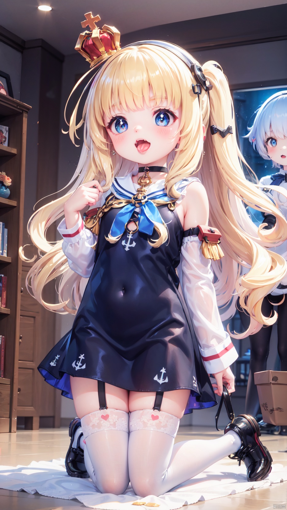 from below,queen elizabeth (azur lane),Little girl(1.5),aged down,beautiful detailed girl,narrow waist,Delicate cute face,princess crown,small crown,anchor choker,(anchor print naval uniform),blue princess dress,ornate clothes,fine fabric emphasis,blue eyes,beautiful detailed eyes,Glowing eyes,((heart-shaped pupils)),((blonde hair)),((hair spread out,wavy hair)),very long shoulder,glowing hair,Extremely delicate hair,Thin leg,white legwear garter,black footwear,Slender fingers,steepled fingers,shiny nails,((kneeling,**********)),ahegao(expression),smile,open mouth,tongue out,licking lips,drooling,heavy breathing,fangs out,big fangs,puffy cheeks,beautiful detailed mouth,looking down at viewer,anchor (ornament),warship,harbor,royal navy (emblem),royal navy flag,hyper realistic,magic,4k,incredible quality,best quality,masterpiece,highly detailed,extremely detailed CG,cinematic lighting,light particle,backlighting,full body,high definition,detail enhancement,(perfect hands, perfect anatomy),8k_wallpaper,extreme details,colorful