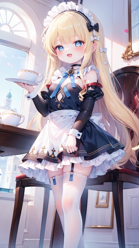  from below,queen elizabeth (azur lane),Little girl(1.5),aged down,beautiful detailed girl,narrow waist,(very small breasts),Delicate cute face,choker,maid,maid apron,frilled apron,maid headdress,blue dress,official alternate costume,fine fabric emphasis,ornate clothes,off shoulder,open clothes,torn dress,sabotaged clothes,torn clothes,broken clothes,torn shirt,blue eyes,beautiful detailed eyes,Glowing eyes,((half-closed eyes,heart-shaped pupils)),((blonde hair)),((hair spread out)),very long shoulder,glowing hair,Extremely delicate hair,Thin leg,white legwear garter,black footwear,Slender fingers,steepled fingers,shiny nails,(sitting on chair,holding teacup,open book on knees),ahegao(expression),smile,:3,drooling,fangs out,big fangs,puffy cheeks,beautiful detailed mouth,looking down at viewer,bow(ornament),window,table,hyper realistic,magic,8k,incredible quality,best quality,masterpiece,highly detailed,extremely detailed CG,cinematic lighting,backlighting,full body,high definition,detail enhancement,(perfect hands, perfect anatomy),8k_wallpaper,extreme details,colorful, hunv