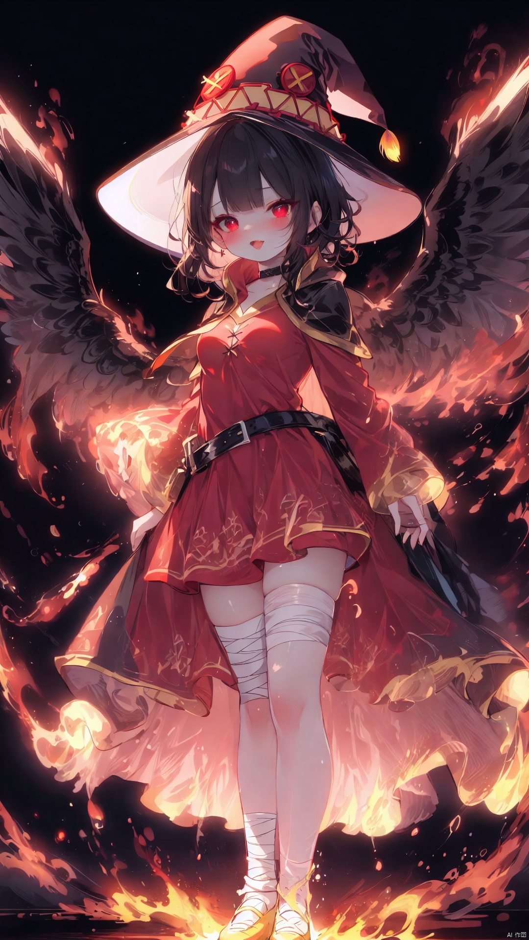 (fiery background,4349,4349,4349:1),megumindef,loli,beautiful detailed girl,narrow waist,very small breasts,Spray flames outwards from the entire body,Delicate cute face,choker,witch hat,Flame cloak,collared cloak,nose blush,blush,Burning clothes,fiery wings,glowing wings,(red eyes),beautiful detailed eyes,((black hair)),((hair spread out)),short hair,hair behind ear,glowing hair,Extremely delicate longhair,Thin leg,bandaged leg,bandaged arm,(standing,spell,Flame Surrounding Hand,Hand emitting flames),looking at viewer,smug(expression),open mouth,tongue out,beautiful detailed mouth,ruby(ornament),beach,shore,hyper realistic,magic,8k,incredible quality,best quality,masterpiece,highly detailed,extremely detailed CG,cinematic lighting,backlighting,full body,high definition,detail enhancement,(perfect hands, perfect anatomy)