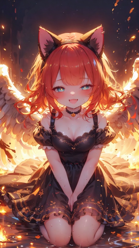 from above,fiery background,annie (league of legends),Little girl(1.5),aged down,beautiful detailed girl,narrow waist,(very small breasts),Spray flames outwards from the entire body,Delicate cute face,choker,teddy bear,randoseru,gothic dress,red and black dress,fine fabric emphasis,Burning clothes,demon wings,fiery wings,glowing wings,off shoulder,open clothes,torn dress,sabotaged clothes,torn clothes,broken clothes,torn shirt,red eyes,beautiful detailed eyes,Glowing eyes,((half-closed eyes,heart-shaped pupils)),((red hair)),((hair spread out,cat ear hairband)),hair over shoulder,glowing hair,Extremely delicate hair,Thin leg,bobby socks,Slender fingers,steepled fingers,red nails,(kneeling,wariza,hands up,hands next at  own cheeks,w arms),ahegao(expression),smile,:3,open mouth,tongue out,licking lips,drooling,fangs out,big fangs,puffy cheeks,beautiful detailed mouth,looking up at viewer,semen in the mouth,semen on the hair,semen on the face,too many semen on the breasts,too many semen dripping from the body,blood on between legs,wet and messy,sweat,fire(ornament),ruins,big teddy bear,Burning teddy bear,Spray flames outwards from the teddy bear,magma,hyper realistic,magic,8k,incredible quality,best quality,masterpiece,highly detailed,extremely detailed CG,cinematic lighting,backlighting,full body,high definition,detail enhancement,(perfect hands, perfect anatomy),8k_wallpaper,extreme details,colorful
