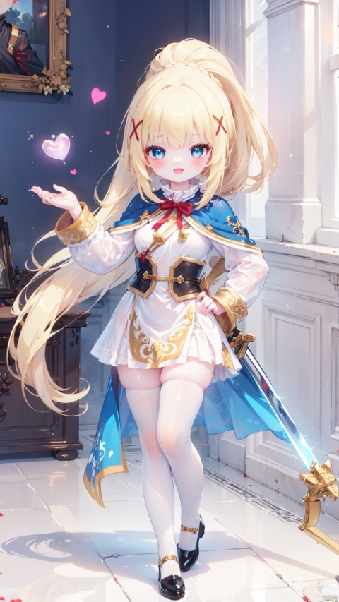darkness (konosuba),paladin,petite child(1.5),aged down,chibi,extremely delicate and beautiful girls,narrow waist,Glowing skin,Delicate cute face,blush sticker,blush,knight armor,white and gold clothes,fine fabric emphasis,ornate clothes,((blue eyes)),beautiful detailed eyes,Glowing eyes,((heart-shaped pupils)),((blonde hair)),((ponytail,x hair ornament)),very long hair,Extremely delicate hair,Thin leg,black thighhighs,beautiful detailed fingers,steepled fingers,(beautiful detailed hands),((standing,hand on hip,arm up,Holding a long sword,ornate long sword)),ahegao(expression),smile,tongue out,licking lips,drooling,fangs out,big fangs,puffy cheeks,beautiful detailed mouth,Looking down at viewer,semen in the mouth,heart(ornament),palace,shield decorated on the wall,hyper realistic,magic,8k,incredible quality,best quality,masterpiece,highly detailed,extremely detailed CG,cinematic lighting,backlighting,full body,high definition,detail enhancement,(perfect hands, perfect anatomy),8k_wallpaper,extreme details,colorful,
