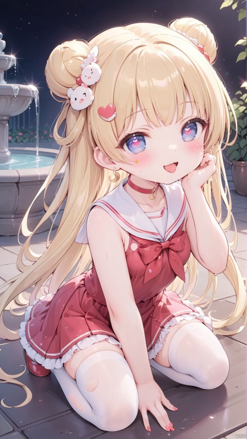 tsukino usagi,qanime,1girl,petite child(1.5),aged down,chibi,extremely delicate and beautiful girls,(exquisitely detailed skin),((very small breasts)),narrow waist,Delicate cute face,forehead mark,crescent at forehead,crescent earrings,blush sticker,blush,choker,red big bow on the chest ,sailor senshi uniform,ornate clothes,fine fabric emphasis,Blue eyes,beautiful detailed eyes,Glowing eyes,((half-closed eyes,heart-shaped pupils)),((blonde hair)),((double bun,parted bangs,hair bun, hair ornament,head rest)),very long hair,Extremely delicate hair,Thin leg,white thighhighs,torn thighhighs,Fine fingers,steepled nail,(beautiful detailed hands),((kneeling,wariza,art shift,double w)),ahegao(expression),smile,open mouth,tongue out,licking lips,drooling,fangs out,big fangs,puffy cheeks,beautiful detailed mouth,looking at viewer,semen in the mouth,semen on the hair,semen on the face,too many semen on the breasts,too many semen dripping from the body,blood on between legs,wet and messy,sweat,semen(ornament),garden,fountain,hyper realistic,magic,4k,incredible quality,best quality,masterpiece,highly detailed,extremely detailed CG,cinematic lighting,light particle,backlighting,full body,high definition,detail enhancement,(perfect hands, perfect anatomy),8k_wallpaper,extreme details,colorful