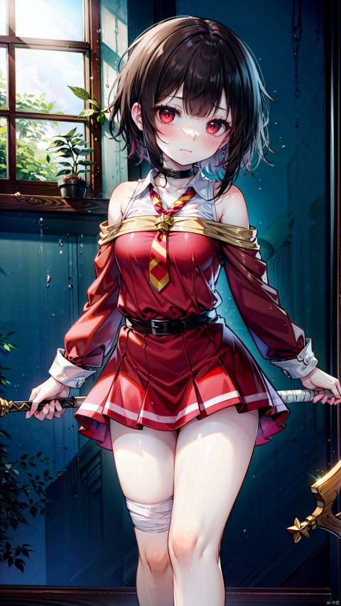 (cowboy shot,4349,4349,4349:1),meguminschool,loli,beautiful detailed girl,narrow waist,very small breasts,Delicate cute face,choker,nose blush,blush,sabotaged clothes,torn clothes,(red eyes),beautiful detailed eyes,((black hair)),short hair,hair behind ear,glowing hair,Extremely delicate longhair,Thin leg,bandaged leg,bandaged arm,(standing,Handing wand),long and bendy wand,hungry(expression),wavy mouth,drooling,beautiful detailed mouth,ruby(ornament),ruins,broken window,hyper realistic,magic,8k,incredible quality,best quality,masterpiece,highly detailed,extremely detailed CG,cinematic lighting,full body,high defin,(perfect hands, perfect anatomy)