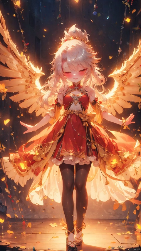  chloe von einzbern,dark skinned female,idol,1girl,petite child(1.5),aged down,chibi,Black skin,extremely delicate and beautiful girls,narrow waist,((very small breasts)),Delicate cute face,blush sticker,blush,spread wings,glowing wings,transparent wings,princess dress,red dress,ornate clothes,fine fabric emphasis,blonde eyes,beautiful detailed eyes,Glowing eyes,((one eye closed)),((Silver hair)),((topknot,hair rings)),hair over shoulder,Glowing hair,Extremely delicate hair,Thin leg,striped_legwear,Slender fingers,steepled fingers,(beautiful detailed hands),standing,((holding microphone,spread arms)),mischievous smile(expression),looking down at viewer,:p,puffy cheeks,Raising the corners of the mouth,beautiful detailed mouth,looking down at viewer,star(ornament),stage,stage lights,lasers,shiny rod,hyper realistic,magic,8k,incredible quality,best quality,masterpiece,highly detailed,extremely detailed CG,cinematic lighting,backlighting,full body,high definition,detail enhancement,(perfect hands, perfect anatomy),8k_wallpaper,extreme details,colorful,