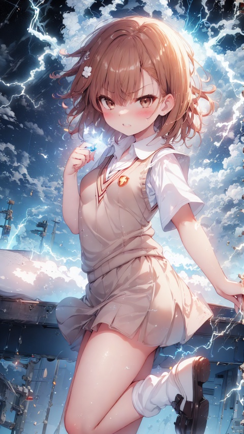 lightning background,misaka mikoto,Little girl(1.5),aged down,beautiful detailed girl,Glowing skin,steaming body,narrow waist,(very small breasts),Delicate cute face,blush sticker,blush,(tokiwadai school uniform),sweater vest,White shirt,electric arc surrounds the entire body,Body releases lightning outward,Purple electric arc injected into the girl's body,fine fabric emphasis,brown eyes,beautiful detailed eyes,Glowing eyes,((raised eyebrow,tsurime,half-closed eyes)),((brown hair)),((hair spread out,floating hair)),short hair,glowing hair,Extremely delicate hair,Thin leg,white loose socks,brown footwear,Slender fingers,steepled fingers,shiny nails,(beautiful detailed hands),((arm up,spell,electricity Surrounding Hand,Hand emitting electricity)), >:((expression),raised eyebrow,scowl,v-shaped eyebrows,clenched teeth,scowl at viewer,beautiful detailed mouth,lightning(ornament),bedroom,bed,too many electricity,hyper realistic,magic,4k,incredible quality,best quality,masterpiece,highly detailed,extremely detailed CG,cinematic lighting,light particle,backlighting,full body,high definition,detail enhancement,(perfect hands, perfect anatomy),8k_wallpaper,finely detailed,extreme details,colorful,Lightning,misaka_mikoto, shuiwa,glowing,Dianhuun and growing lightning