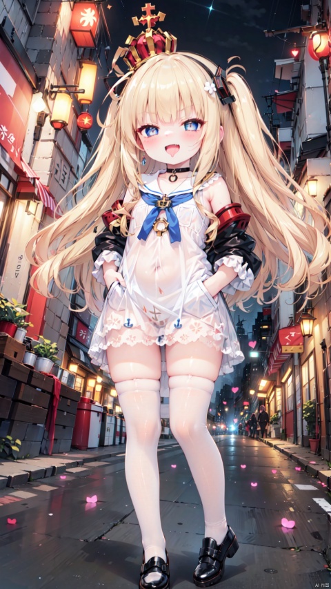  queen elizabeth (azur lane),Little girl(1.5),aged down,beautiful detailed girl,Glowing skin,Delicate cute face,small crown,anchor choker,(anchor print naval uniform),blue princess dressshoulders,ornate clothes,fine fabric emphasis,collarbone,torn dress,sabotaged clothes,torn clothes,broken clothes,torn shirt,blue eyes,beautiful detailed eyes,Glowing eyes,((heart-shaped pupils)),((blonde hair)),((hair spread out)),very long shoulder,glowing hair,Extremely delicate hair,Thin leg,white legwear garter,black footwear,Slender fingers,steepled fingers,shiny nails,((standing,hand in pocket)), jewelry evil grin(expression),Evil smile,open mouth,tongue out,licking lips,drooling,heavy breathing,fangs out,big fangs,puffy cheeks,beautiful detailed mouth,anchor (ornament),warship,harbor,royal navy (emblem),royal navy flag,hyper realistic,magic,4k,incredible quality,best quality,masterpiece,highly detailed,extremely detailed CG,cinematic lighting,light particle,backlighting,full body,high definition,detail enhancement,(perfect hands, perfect anatomy),8k_wallpaper,extreme details,colorful