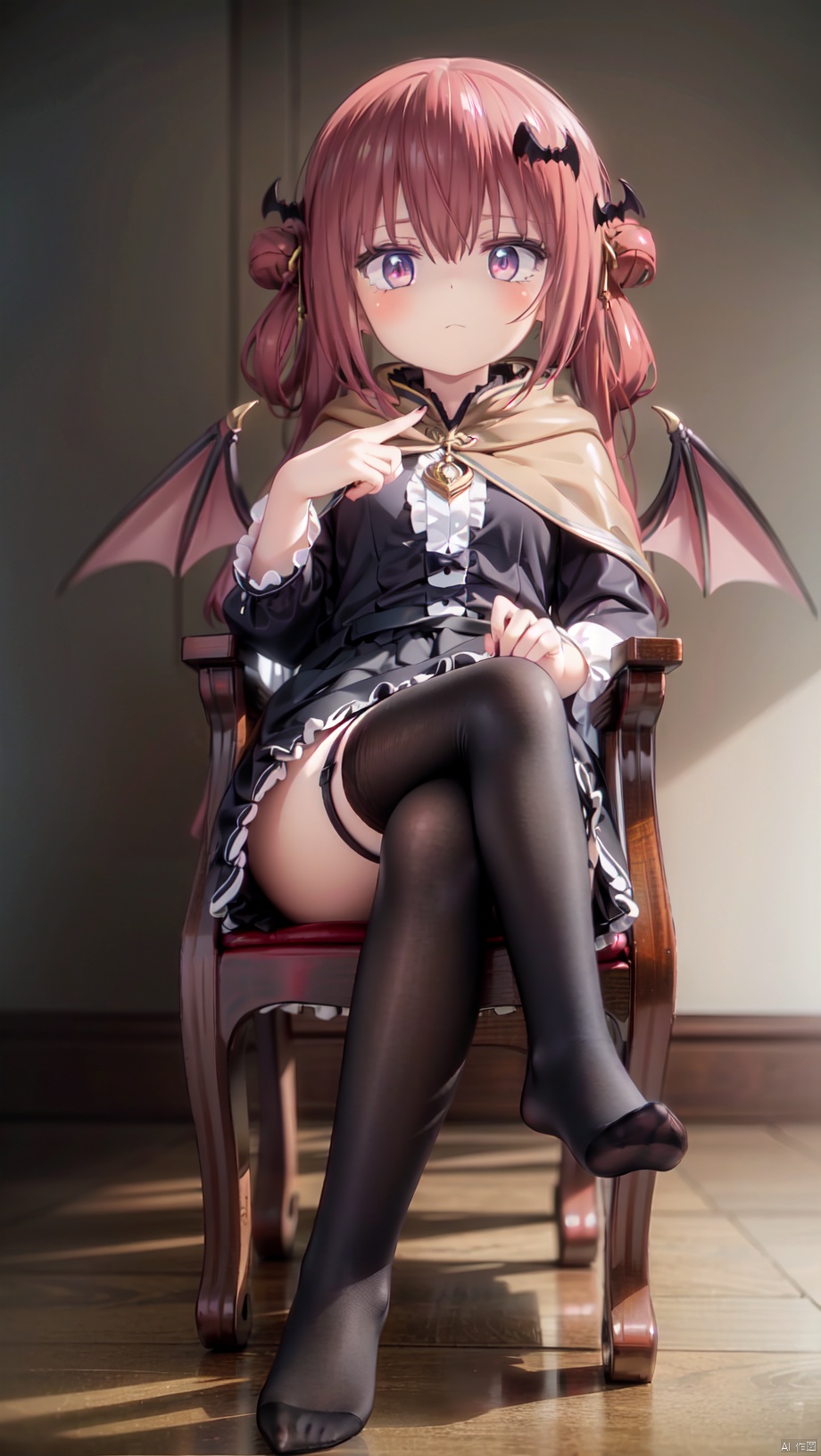 Satanichia Kurumizawa Mcdowell,gothic lolita,loli,beautiful detailed girl,narrow waist,very small breasts,Glowing skin,Delicate cute face,cape,princess dress,torn clothes,fine fabric emphasis,ornate clothes,red eyes eyes,beautiful detailed eyes,glowing eyes,(half-closed eyes,raised eyebrow),((red hair)),((long hair,bat wings hair ornament)),Glowing hair,Extremely delicate hair,Thin leg,white legwear garter,no shoes,beautiful detailed fingers,Slender fingers,steepled fingers,Shiny nails,(sitting on throne,crossed legs),smug(expression),Upturned corners of the mouth,looking down at viewer,beautiful detailed mouth,looking at viewer,bat(ornament),palace,ornate throne,hyper realistic,magic,8k,incredible quality,best quality,masterpiece,highly detailed,extremely detailed CG,cinematic lighting,backlighting,full body,high definition,detail enhancement,(perfect hands, perfect anatomy),detail enhancement