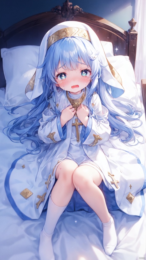  from below,index (toaru majutsu no index),nun,Little girl(1.5),aged down,beautiful detailed girl,narrow waist,(very small breasts),Delicate cute face,cross necklace,(safety pin),nun robe,white robe,long sleeves,wide sleeves,fine fabric emphasis,torn dress,sabotaged clothes,torn clothes,broken clothes,torn shirt,green eyes,beautiful detailed eyes,Glowing eyes,((half-closed eyes,heart-shaped pupils)),((Silver blue hair)),((hair spread out,white nun hat)),very long hair,glowing hair,Extremely delicate hair,Thin leg,bobby socks,Slender fingers,steepled fingers,red nails,((lying on bed,separated legs,hands on own chest)),tearful(expression),looking up at viewer,teardrop on the face,Tears on the chin,wavy mouth,beautiful detailed mouth,wet and messy,sweat,falling black feathers(ornament),church,stained glass Windows,hyper realistic,magic,4k,incredible quality,best quality,masterpiece,highly detailed,extremely detailed CG,cinematic lighting,light particle,backlighting,full body,high definition,detail enhancement,(perfect hands, perfect anatomy),8k_wallpaper,extreme details,colorful,