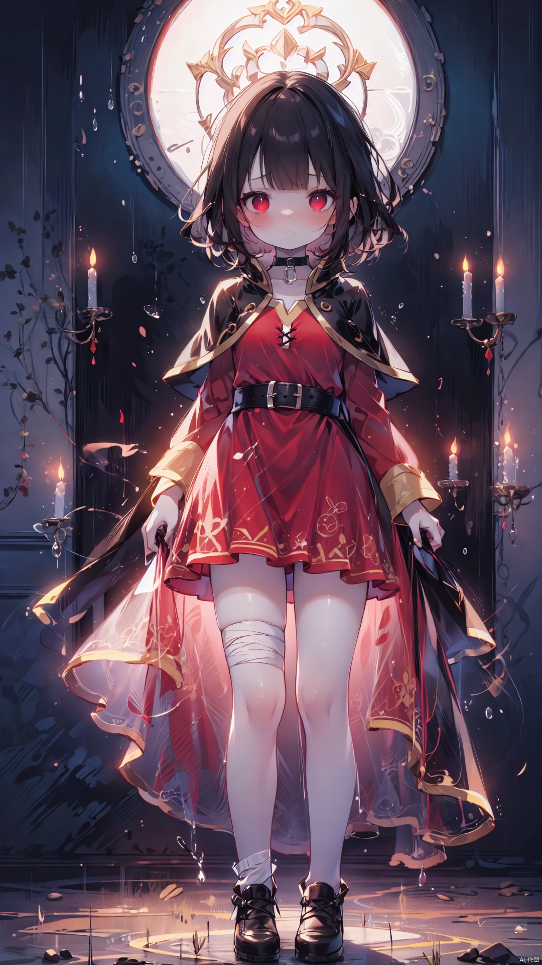 (cowboy shot,4349,4349,4349:1),megumindef,loli,beautiful detailed girl,narrow waist,very small breasts,Delicate cute face,choker,nose blush,blush,sabotaged clothes,torn clothes,broken clothes,torn cape,(red eyes),beautiful detailed eyes,((black hair)),short hair,hair behind ear,glowing hair,Extremely delicate longhair,Thin leg,bandaged leg,bandaged arm,(standing,hands on own crotch),hungry(expression),wavy mouth,drooling,beautiful detailed mouth,ruby(ornament),ruins,broken window,hyper realistic,magic,8k,incredible quality,best quality,masterpiece,highly detailed,extremely detailed CG,cinematic lighting,full body,high defin,(perfect hands, perfect anatomy)