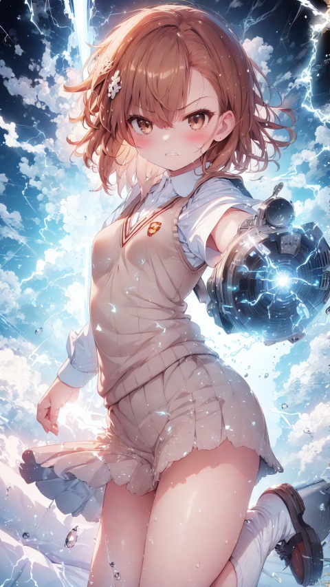 lightning background,misaka mikoto,Little girl(1.5),aged down,beautiful detailed girl,Glowing skin,steaming body,narrow waist,(very small breasts),Delicate cute face,blush sticker,blush,(tokiwadai school uniform),sweater vest,White shirt,electric arc surrounds the entire body,Body releases lightning outward,Purple electric arc injected into the girl's body,fine fabric emphasis,brown eyes,beautiful detailed eyes,Glowing eyes,((raised eyebrow,tsurime,half-closed eyes)),((brown hair)),((hair spread out,floating hair)),short hair,glowing hair,Extremely delicate hair,Thin leg,white loose socks,brown footwear,Slender fingers,steepled fingers,shiny nails,(beautiful detailed hands),((pointing at viewer,spell,electricity Surrounding Hand,Hand emitting electricity)), >:((expression),raised eyebrow,scowl,v-shaped eyebrows,clenched teeth,scowl at viewer,beautiful detailed mouth,lightning(ornament),bedroom,bed,too many electricity,hyper realistic,magic,4k,incredible quality,best quality,masterpiece,highly detailed,extremely detailed CG,cinematic lighting,light particle,backlighting,full body,high definition,detail enhancement,(perfect hands, perfect anatomy),8k_wallpaper,finely detailed,extreme details,colorful,Lightning,misaka_mikoto, shuiwa,glowing,Dianhuun and growing lightning,lightning,mirrornun