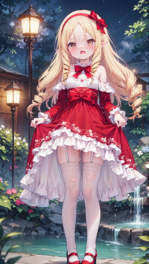  (4349,4349,4349:1), yamada elf,Little girl(1.4),aged down,beautiful detailed girl,narrow waist,very small breasts,Glowing skin,steaming body,Delicate cute face,pointy ears,pink dress,fine fabric emphasis,ornate clothes,torn clothes,off_shoulder,brown eyes,beautiful detailed eyes,Glowing eyes,((blonde hair)),((drill hair,red bow hairband)),parted bangs,forehead,long hair,glowing long hair,Extremely delicate longhair,Thin leg,white legwear garter,beautiful detailed fingers,Slender fingers,steepled fingers,Shiny nails,(standing,dress lift),tearful(expression),teardrop on the face,Tears on the chin,open mouth,wavy mouth,mouth drool,screaming,heavy breathing,beautiful detailed mouth,looking at viewer,semen in the mouth,semen on the hair,semen on the face,too many semen on the breasts,too many semen dripping from the body,blood on between legs,semen(ornament),garden, fountain,hyper realistic,magic,8k,incredible quality,best quality,masterpiece,highly detailed,extremely detailed CG,cinematic lighting,backlighting,full body,high definition,detail enhancement,(perfect hands, perfect anatomy),detail enhancement,