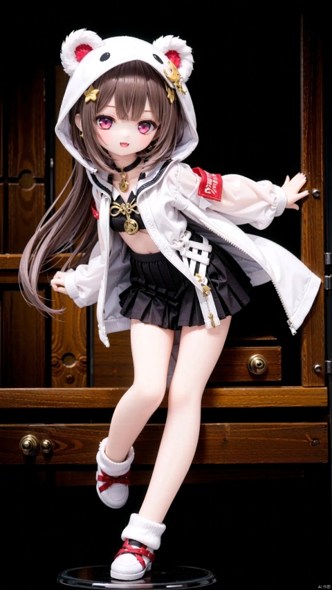  Human Girls,Little girl（0.6）,beautiful detailed girl,narrow waist,small breasts,Glowing skin,hood,cat hood,hood up,ruby star Earrings,Delicate cute face,serafuku,cutoffs,fine fabric emphasis,ornate clothes,amber eyes,beautiful detailed eyes,Glowing eyes,((half-closed eyes)),((brown hair)),((bunches,long hair)),glowing long hair,Extremely delicate longhair,gold star Necklace,Thin leg,loose socks,Slender fingers,steepled fingers,Shiny nails,smug(expression),hand up,fighting stance,:3,open mouth,tongue out,fangs out,long fang,beautiful detailed mouth,crescent moon(ornament),maze, Gold coin pile,hyper realistic,magic,8k,incredible quality,best quality,masterpiece,highly detailed,extremely detailed CG,cinematic lighting,full body,lots of gold coins falling,high definition,detail enhancement