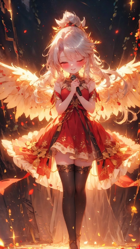  chloe von einzbern,dark skinned female,idol,1girl,petite child(1.5),aged down,chibi,Black skin,extremely delicate and beautiful girls,narrow waist,((very small breasts)),Delicate cute face,blush sticker,blush,spread wings,glowing wings,transparent wings,princess dress,red dress,ornate clothes,fine fabric emphasis,blonde eyes,beautiful detailed eyes,Glowing eyes,((one eye closed)),((Silver hair)),((topknot,hair rings)),hair over shoulder,Glowing hair,Extremely delicate hair,Thin leg,striped_legwear,Slender fingers,steepled fingers,(beautiful detailed hands),standing,((holding microphone,spread arms)),mischievous smile(expression),looking down at viewer,:p,puffy cheeks,Raising the corners of the mouth,beautiful detailed mouth,looking down at viewer,star(ornament),stage,stage lights,lasers,shiny rod,hyper realistic,magic,8k,incredible quality,best quality,masterpiece,highly detailed,extremely detailed CG,cinematic lighting,backlighting,full body,high definition,detail enhancement,(perfect hands, perfect anatomy),8k_wallpaper,extreme details,colorful,