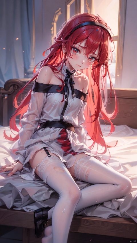  card background,erisc,loli,beautiful detailed girl,narrow waist,very small breasts,Glowing skin,Delicate cute face,bare shoulders,long sleeves,torn dress,broken skirt,torn clothes,broken clothes,red eyes eyes,beautiful detailed eyes,glowing eyes,(raised eyebrow),((red hair)),((long hair,hairband)),Glowing hair,Extremely delicate hair,Thin leg,white legwear garter,beautiful detailed fingers,Slender fingers,steepled fingers,Shiny nails,tearful(expression),teardrop on the face,Tears on the chin,wavy mouth,beautiful detailed lips,sweat dripping from the body,wet and messy,sweat,delicate hands,thin fingers,steepled fingers,(((Thin leg))),white pantyhose,yellow ribbon(ornament),bedroom, ornate bed,best quality, masterpiece, extremely detailed CG, 8k_wallpaper,cinematic lighting