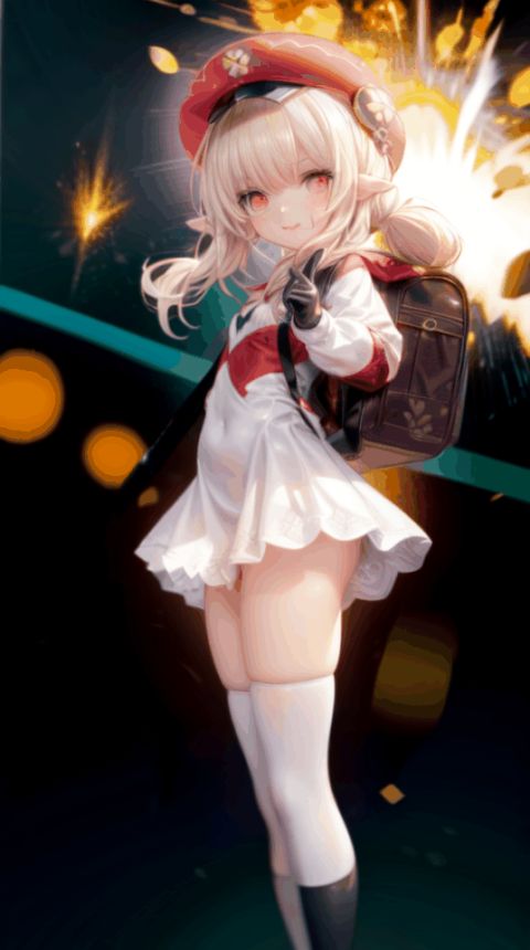  klee (genshin impact),ornate clothes, gloves, hat, low twintails, blonde hair, small breasts, pointy ears,pointing gun at viewer,aiming at viewer, Red Elementary school backpack,blush, ((red eyes)), Glowing eyes, delicate and lovely face, mischievous smile(expression),tongue out, thighhighs, Thin leg,explosion(background), explosion, night, magic, best quality, masterpiece, extremely detailed CG, 8k_wallpaper