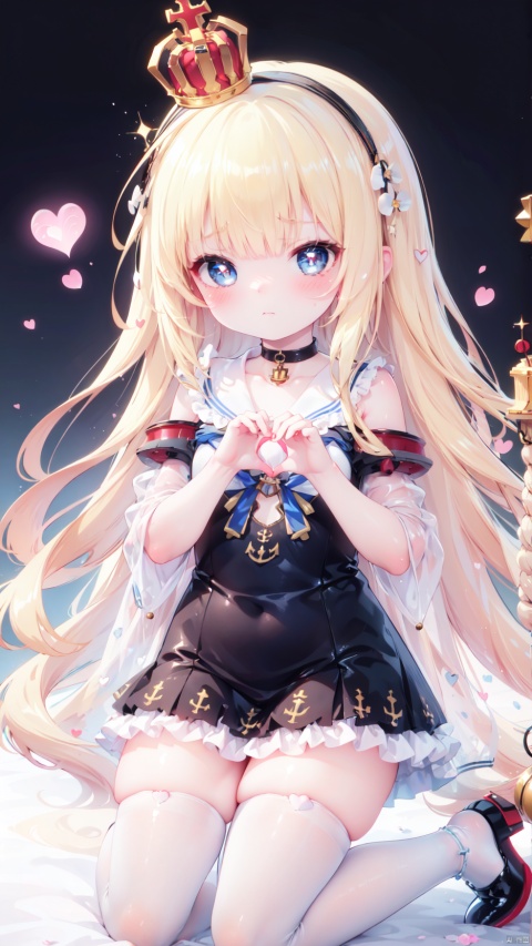  queen elizabeth (azur lane),Little girl(1.5),aged down,beautiful detailed girl,Glowing skin,Delicate cute face,small crown,anchor choker,(anchor print naval uniform),blue princess dressshoulders,ornate clothes,fine fabric emphasis,torn dress,sabotaged clothes,torn clothes,broken clothes,torn shirt,blue eyes,beautiful detailed eyes,Glowing eyes,((heart-shaped pupils)),((blonde hair)),((hair spread out)),very long shoulder,glowing hair,Extremely delicate hair,Thin leg,white legwear garter,black footwear,Slender fingers,steepled fingers,shiny nails,((kneeling,wariza)),tearful(expression),teardrop on the face,Tears on the chin,wavy mouth,beautiful detailed mouth,anchor (ornament),warship,harbor,royal navy (emblem),royal navy flag,hyper realistic,magic,4k,incredible quality,best quality,masterpiece,highly detailed,extremely detailed CG,cinematic lighting,light particle,backlighting,full body,high definition,detail enhancement,(perfect hands, perfect anatomy),8k_wallpaper,extreme details,colorful